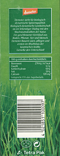 Seitenaufdruck einer demeter / dennree - Milchtüte; Copyright: demeter / dennree